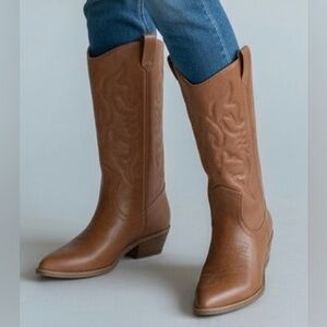 NEW Cowboy Boots Mid Calf Western Embroidered Pointed Toe Brown Size 9.5/41‎